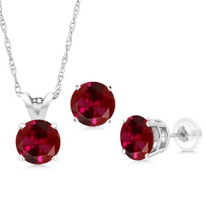 Created Ruby - July_Pendant Earrings Set in 14K White Gold