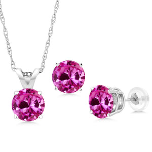 Pink Created Sapphire - September_Pendant Earrings Set in 14K White Gold
