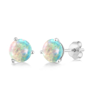 White Simulated Opal-Cabochon - October_Earrings in 18K White Gold