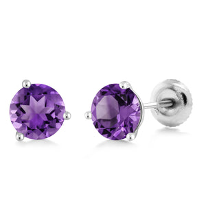 Amethyst - February_18K White Gold 5MM Round Gemstone Birthstone 3 Prong Martini Screw Back Stud Earrings | Gold Earrings For Women Men