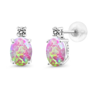 Pink Simulated Opal-Cabochon - October_Earrings in 14K White Gold
