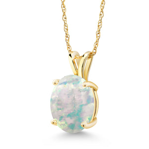 White Simulated Opal-Cabochon - October_Pendant in 14K Yellow Gold
