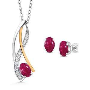 Ruby - July_Pendant Earrings Set in 925 Sterling Silver and 10K Yellow Gold