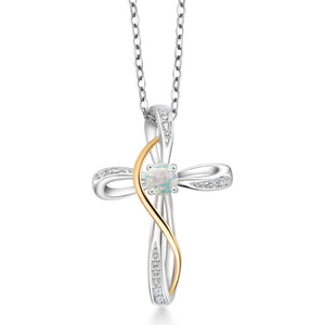 White Simulated Opal_Pendant in 925 Sterling Silver and 10K Yellow Gold