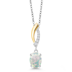 White Simulated Opal-Cabochon - October_Pendant in 925 Sterling Silver and 10K Yellow Gold