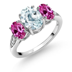 Aquamarine - Created Sapphire and Lab Grown Diamond_5_Ring in 10K White Gold