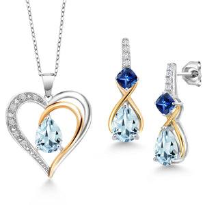 Aquamarine - March_Pendant Earrings Set in 925 Sterling Silver and 10K Yellow Gold