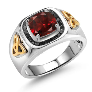 Garnet and Diamond_8MM Cushion Gemstone Birthstone and Black Diamond Ring For Men | 925 Sterling Silver and 10K Yellow Gold | Available In Size 7, 8, 9, 10, 11, 12, 13