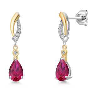 Created Ruby - July_Earrings in 925 Sterling Silver and 10K Yellow Gold