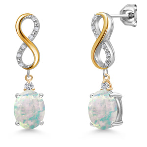 White Simulated Opal-Cabochon - October_Earrings in 925 Sterling Silver and 10K Yellow Gold