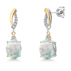 White Simulated Opal-Cabochon - October_Earrings in 925 Sterling Silver and 10K Yellow Gold
