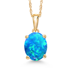 Blue Simulated Opal - October_Pendant in 14K Yellow Gold