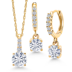 White Moissanite - April_Pendant Earrings Set in 10K Yellow Gold