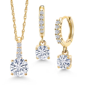 White Moissanite - April_Pendant Earrings Set in 10K Yellow Gold