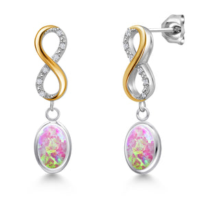 Pink Simulated Opal-Cabochon - October_Earrings in 925 Sterling Silver and 10K Yellow Gold