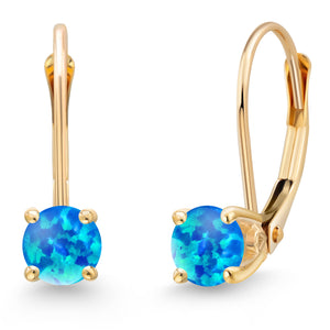 Blue Simulated Opal-Cabochon - October_Earrings in 14K Yellow Gold