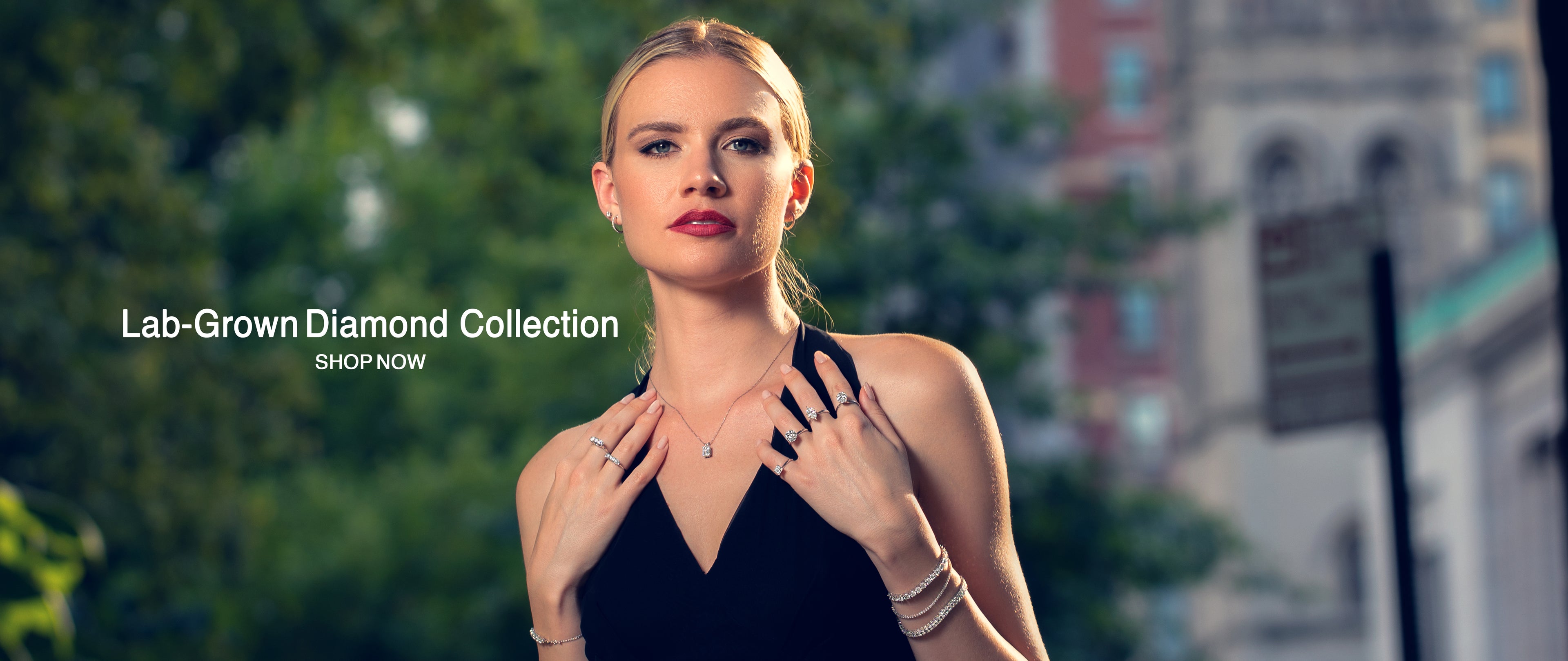 Woman wearing a lab grown diamond necklace