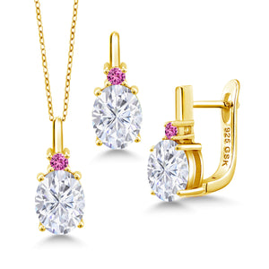White Moissanite - April_Pendant Earrings Set in 925 Yellow Gold Plated Silver