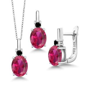 Created Ruby - July_Pendant Earrings Set in 925 Sterling Silver
