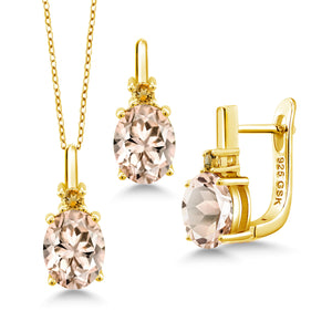Morganite_Pendant Earrings Set in 925 Yellow Gold Plated Silver