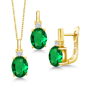 Nano Emerald - May_Pendant Earrings Set in 925 Yellow Gold Plated Silver
