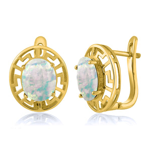 White Simulated Opal-Cabochon - October_Earrings in 925 Yellow Gold Plated Silver