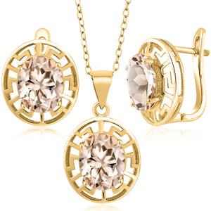 Morganite - October_Pendant Earrings Set in 925 Yellow Gold Plated Silver