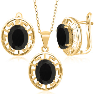 Onyx - December_Pendant Earrings Set in 925 Yellow Gold Plated Silver