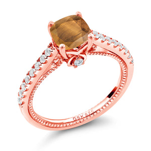 Tiger Eye and Created Sapphire_7_Ring in 925 Rose Gold Plated Silver