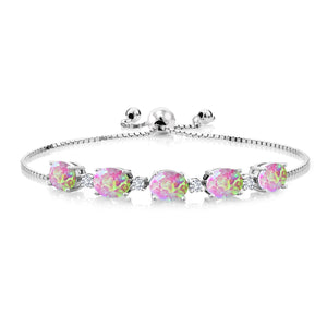 Sterling silver bolo bracelet with five oval pink iridescent gemstones and small accent diamonds