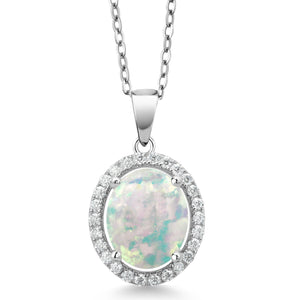 White Simulated Opal-Cabochon - October_Pendant in 925 Sterling Silver
