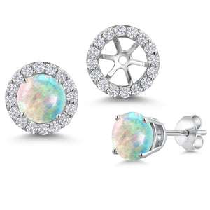 White Simulated Opal-Cabochon - October_Earrings in 14K White Gold