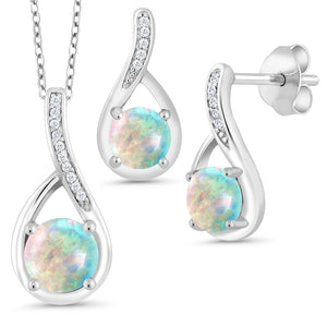 White Simulated Opal-Cabochon - October_Pendant Earrings Set in 925 Sterling Silver