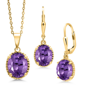 Amethyst - February_Pendant Earrings Set in 925 Yellow Gold Plated Silver