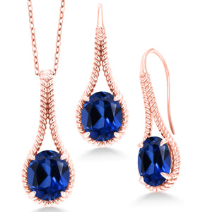 Blue Created Sapphire - September_Pendant Earrings Set in 925 Rose Gold Plated Silver