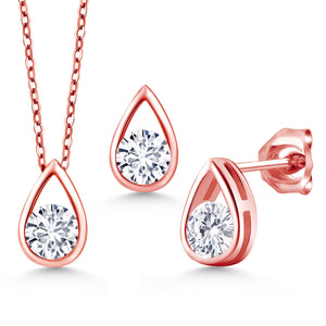 White Moissanite - April_Pendant Earrings Set in 925 Rose Gold Plated Silver