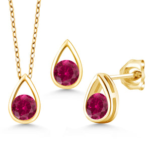 Created Ruby - July_Pendant Earrings Set in 925 Yellow Gold Plated Silver
