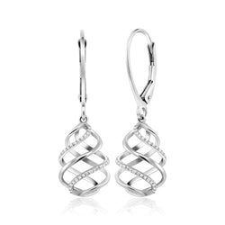 10K Solid White Gold White Diamond Swirl Dangle Lever Back Earrings For Women