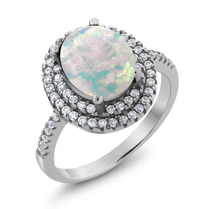 White Simulated Opal-Cabochon - October_5_Ring in 925 Sterling Silver