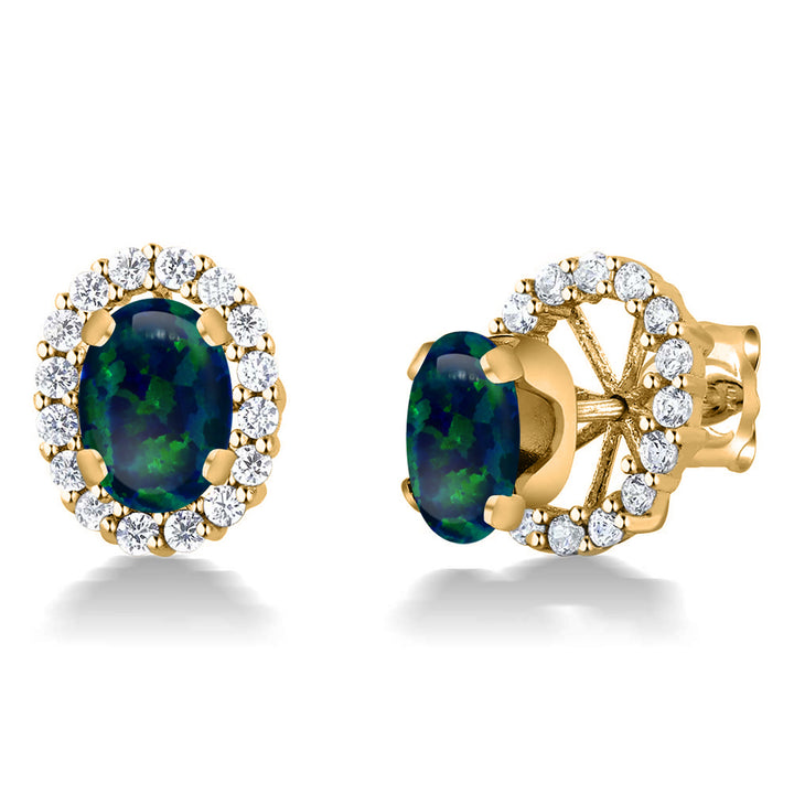 Green Simulated Opal-Cabochon - October_Earrings in 925 Yellow Gold Plated Silver
