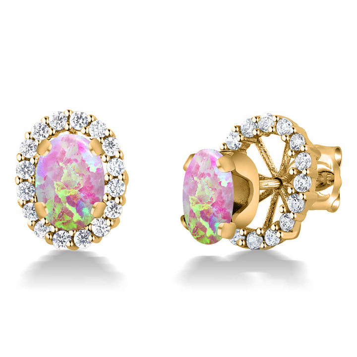 Pink Simulated Opal-Cabochon - October_Earrings in 925 Yellow Gold Plated Silver