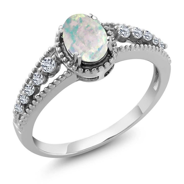 White Simulated Opal-Cabochon - October_5_Ring in 925 Sterling Silver