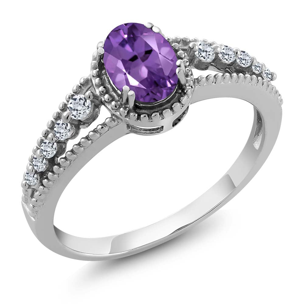 925 Sterling Silver Purple Amethyst and White Topaz Engagement Ring For Women | 0.96 Cttw | Gemstone Birthstone | Available In Size 5, 6, 7, 8, 9