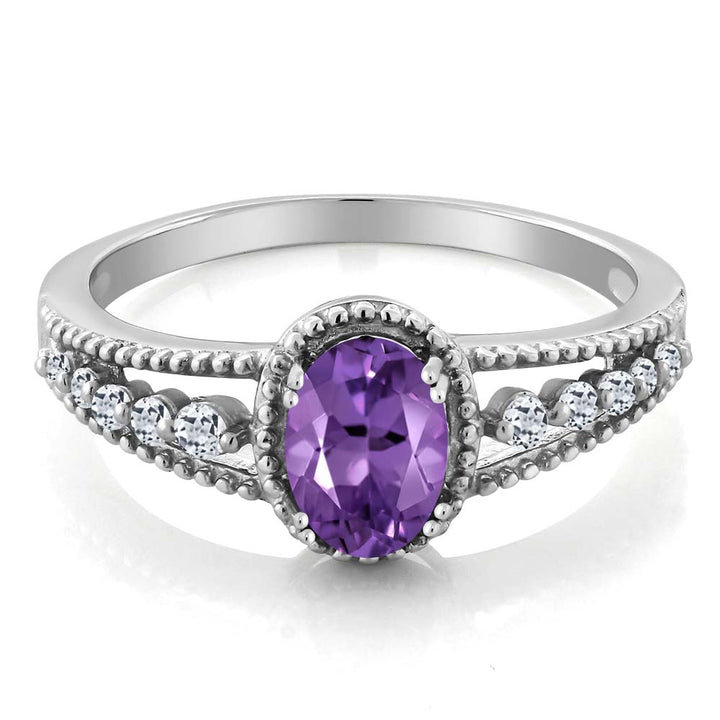 925 Sterling Silver Purple Amethyst and White Topaz Engagement Ring For Women | 0.96 Cttw | Gemstone Birthstone | Available In Size 5, 6, 7, 8, 9