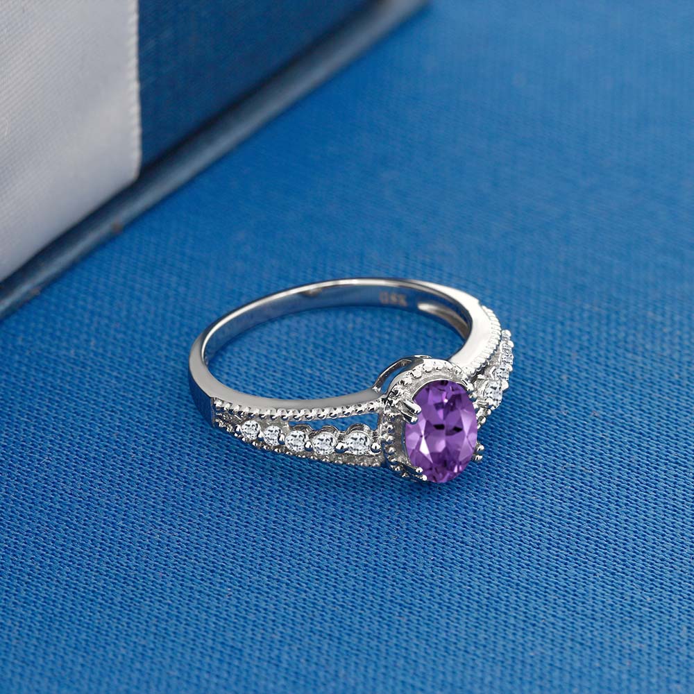 925 Sterling Silver Purple Amethyst and White Topaz Engagement Ring For Women | 0.96 Cttw | Gemstone Birthstone | Available In Size 5, 6, 7, 8, 9