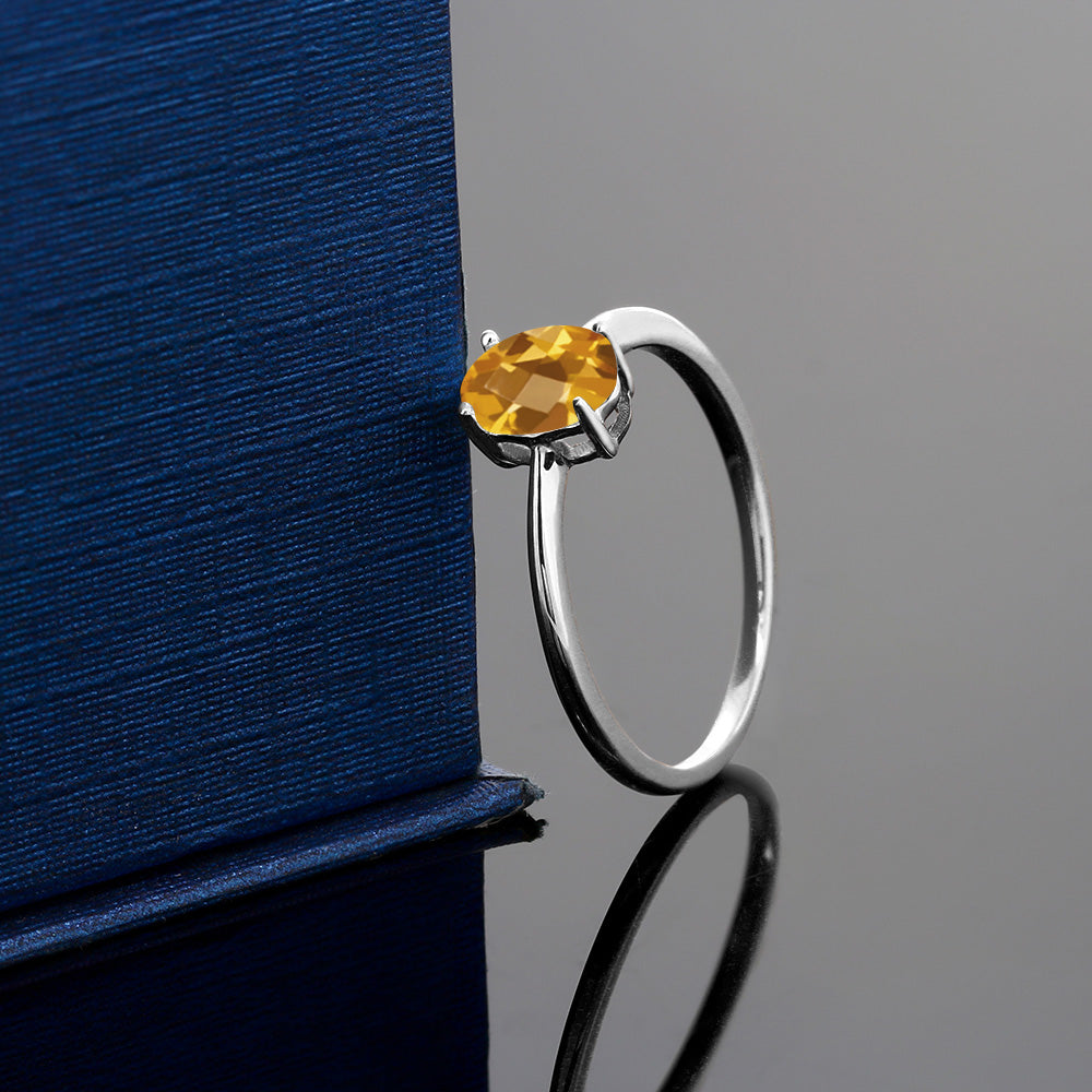 10K White Gold Yellow Citrine Solitaire Engagement Ring For Women (0.70 Cttw, Oval Checkerboard 7X5MM, Gemstone November Birthstone, Available in Size 5,6,7,8,9)