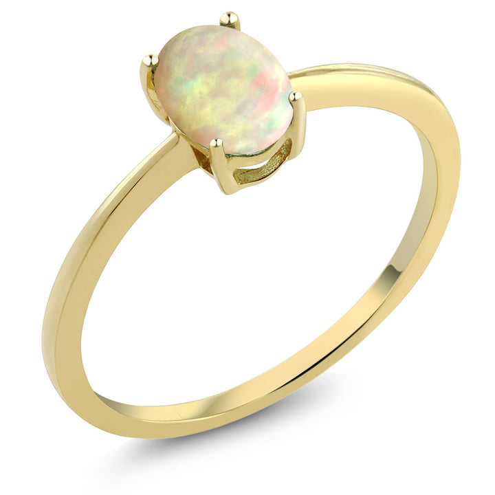 10K Yellow Gold White Ethiopian Opal Solitaire Engagement Ring For Women | 0.51 Cttw | Oval Cabochon 7X5MM | Gemstone October Birthstone | Available In Size 5-10