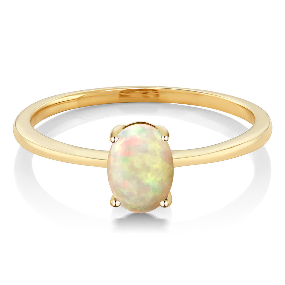 10K Yellow Gold White Ethiopian Opal Solitaire Engagement Ring For Women | 0.51 Cttw | Oval Cabochon 7X5MM | Gemstone October Birthstone | Available In Size 5-10