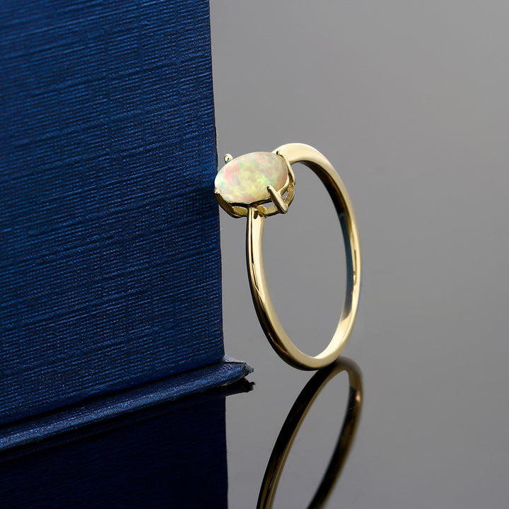 10K Yellow Gold White Ethiopian Opal Solitaire Engagement Ring For Women | 0.51 Cttw | Oval Cabochon 7X5MM | Gemstone October Birthstone | Available In Size 5-10