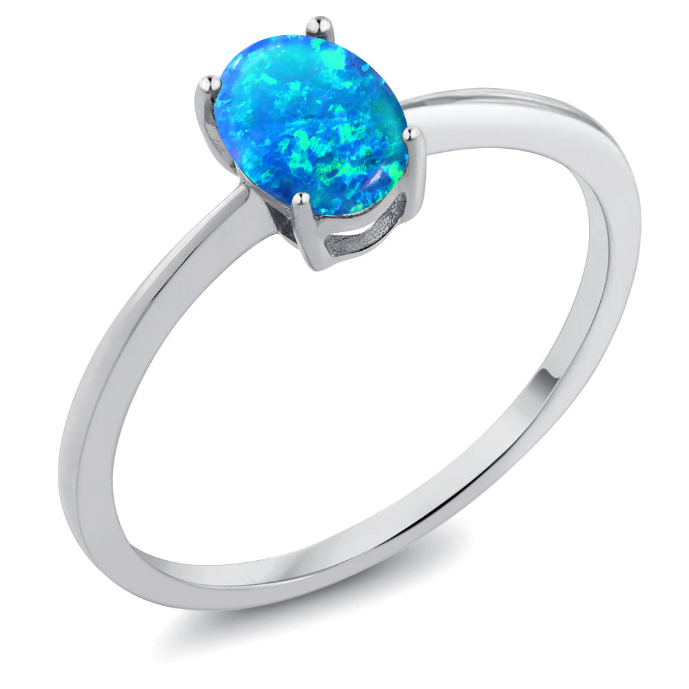 Blue Simulated Opal-Cabochon - October_10_Ring in 10K White Gold